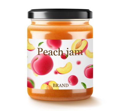 Beyaz arka planda izole edilmiş erik reçelli cam kavanoz. Sulu mavi eriklerden bir kavanoz marmelat. Yapraklı taze meyve. Organik yiyecekler. Reçel için etiket modeli. Gerçekçi 3d vektör illüstrasyonu