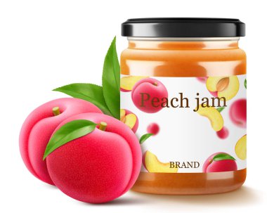 Beyaz arka planda izole edilmiş erik reçelli cam kavanoz. Sulu mavi eriklerden bir kavanoz marmelat. Yapraklı taze meyve. Organik yiyecekler. Reçel için etiket modeli. Gerçekçi 3d vektör illüstrasyonu