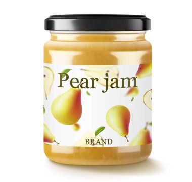 Armut reçelli cam kavanoz beyaz arka planda izole edilmiş. Ev yapımı böğürtlen ve meyve reçeli, doğal organik ürün. Kapaklı ve etiketli kavanoz. Metinli beyaz şerit ve meyveli desen. Gerçekçi 3D vektör illüstrasyonu