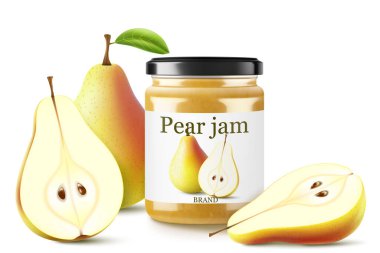 Armut reçelli cam kavanoz beyaz arka planda izole edilmiş. Ev yapımı böğürtlen ve meyve reçeli, doğal organik ürün. Kapaklı ve etiketli kavanoz. Metinli beyaz şerit ve meyveli desen. Gerçekçi 3D vektör illüstrasyonu