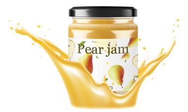 Beyaza izole edilmiş armut suyu serpilmiş armut reçelli cam kavanoz. Ev yapımı reçel, doğal organik ürün. Kapaklı ve etiketli kavanoz. Yazılı beyaz şerit ve meyveli desen. Gerçekçi 3d vektörü