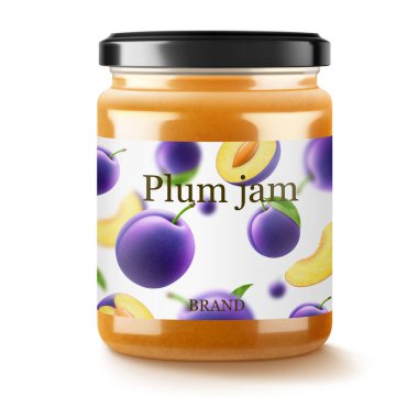 Beyaz arka planda izole edilmiş erik reçelli cam kavanoz. Sulu mavi eriklerden bir kavanoz marmelat. Yapraklı taze meyve. Organik yiyecekler. Reçel için etiket modeli. Gerçekçi 3d vektör illüstrasyonu