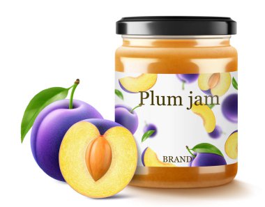 Beyaz arka planda izole edilmiş erik reçelli cam kavanoz. Sulu mavi eriklerden bir kavanoz marmelat. Yapraklı taze meyve. Organik yiyecekler. Reçel için etiket modeli. Gerçekçi 3d vektör illüstrasyonu