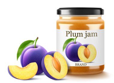 Beyaz arka planda izole edilmiş erik reçelli cam kavanoz. Sulu mavi eriklerden bir kavanoz marmelat. Yapraklı taze meyve. Organik yiyecekler. Reçel için etiket modeli. Gerçekçi 3d vektör illüstrasyonu