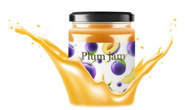 Erik suyu serpilmiş erik reçelli kavanoz. Beyaz arka planda izole edilmiş. Ev yapımı erik reçeli ya da cam kavanozda komposto. Gerçekçi 3 boyutlu vektör çizimi. Markan için maket.