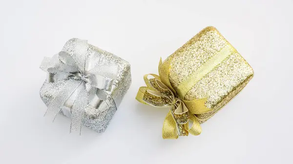 Silver Gold Gift Box White Background — Stock Photo, Image