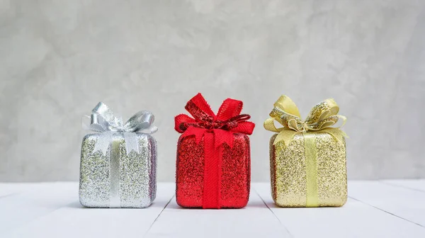 Red Gold Silver Gift Box White Wooden Table — Stock Photo, Image