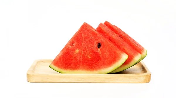 Rote Wassermelone Auf Einem Holzteller Und Weißem Hintergrund — Stockfoto