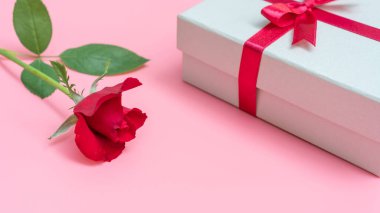 Pembe arka planda kırmızı gül ve hediye kutusu.