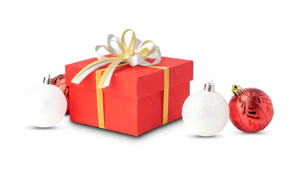 Red Gift Box Gold Ribbon Christmas Ball White Background — Stock Photo, Image