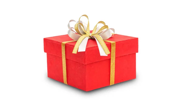 Red Gift Box Gold Ribbon White Background — Stock Photo, Image