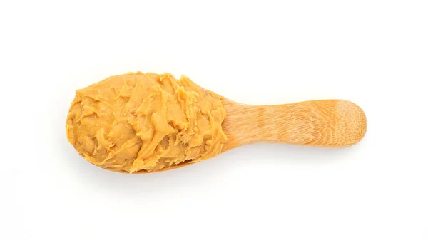 Manteiga Amendoim Uma Colher Fundo Branco — Fotografia de Stock