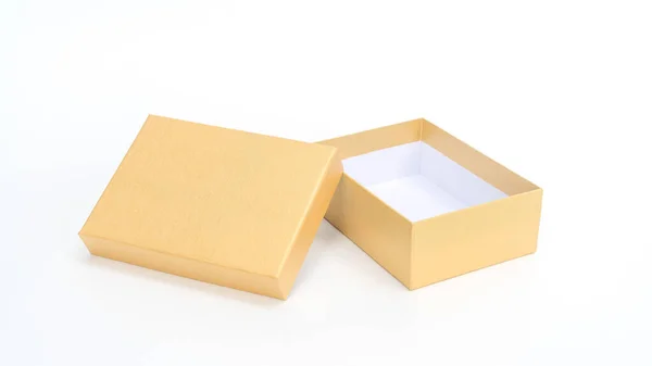 Caixa Presente Dourada Fundo Branco — Fotografia de Stock