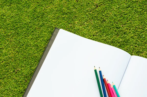 Lápis de cor e caderno de esboços na grama verde fresca da primavera — Fotografia de Stock