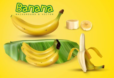 Muz, kabuk, soyulmuş muz, dilimler ve yarımlar, muz palmiyesinden yapraklar, sütte veya meyve suyunda muz.