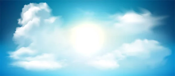 Realistisch Stralende Zon Met Lensflare Blauwe Lucht Met Wolkenachtergrond Vectorillustratie — Stockvector