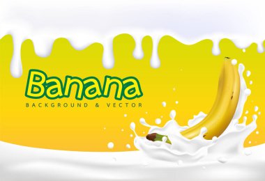 Üç boyutlu. Bir tutam Muzlu Süt. Muz 3d. vektör görüntüsü. Beyaz arkaplanda gerçekçi sarı muz. Parçalar, parçalar..