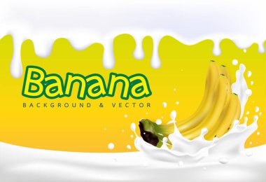 Üç boyutlu. Bir tutam Muzlu Süt. Muz 3d. vektör görüntüsü. Beyaz arkaplanda gerçekçi sarı muz. Parçalar, parçalar..