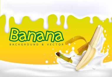 Üç boyutlu. Bir tutam Muzlu Süt. Muz 3d. vektör görüntüsü. Beyaz arkaplanda gerçekçi sarı muz. Parçalar, parçalar..