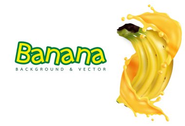 Muz suyu reklamları serpiştirir. Tropikal meyvelerin mevsimi. 3D gerçekçi vektör, gıda konsepti tasarımı. Metinleriniz ve markanız için boş alan.