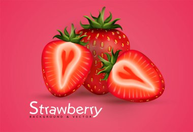 3D şeffaf izole vektör seti, bir bütün ve bir dilim çilek, bir damla meyve suyuyla çilek, bir tutam süt veya yoğurt içinde çilek.