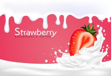 Sütlü suya düşen kırmızı çilek meyveleri. Vektör illu