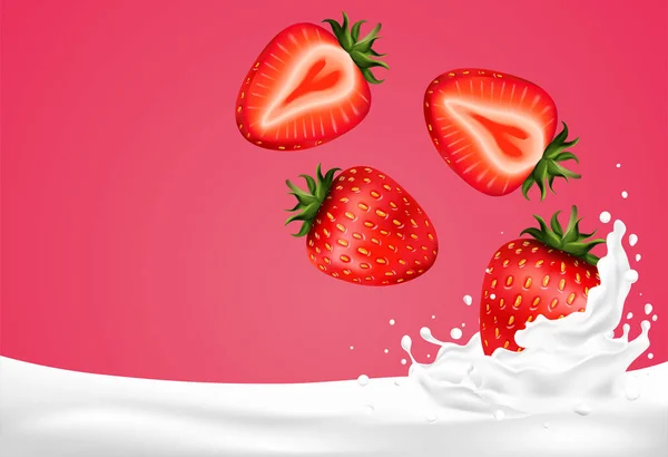 Red Strawberry Fruits Falling Milky Splash Vector Illu — Stock Vector