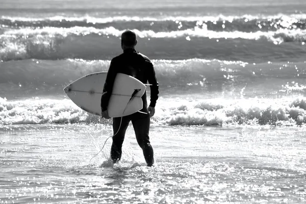 Surfer Jeden Alters Tragen Ihre Surfbretter Den Rand Des Strandes — Stockfoto