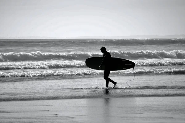 Surfistas Todas Idades Carregam Suas Pranchas Surf Até Borda Água — Fotografia de Stock