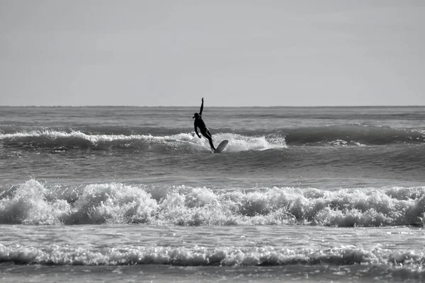 Silueta Představy Surfařů Jezdících Vlnách Llangennith Beach Gowerově Poloostrově Oblíbený Stock Snímky