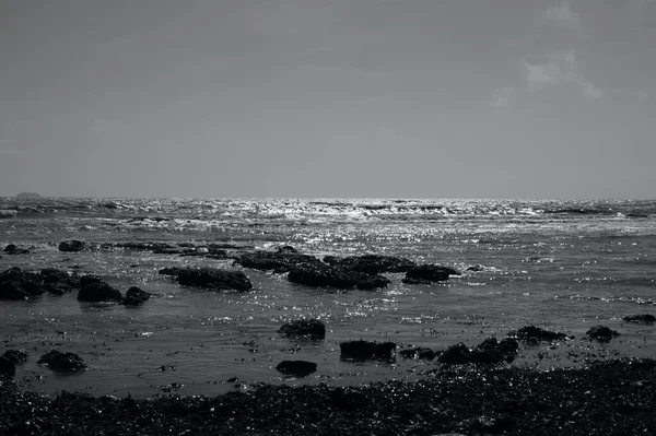 Monokrom Brighton Yakınlarındaki Birling Gap Plajındaki Kayalıkların Çakıl Taşlarının Deniz — Stok fotoğraf