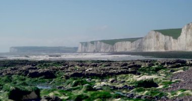 Eastbourne 'un Burling Gap' inde sıcak bir yaz günü. Gelgit, kayalarda parlak su ve sırılsıklam yeşil deniz yosunu bırakıyor. Bu popüler turist plajında taze, temiz bir kıyı manzarası..