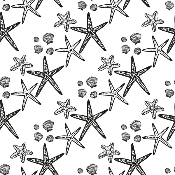 Sketchy starfish and seashells pattern — Stock Vector