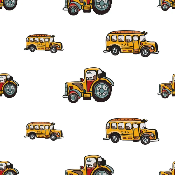 Cartoon-Traktor und Bus-Muster — Stockvektor