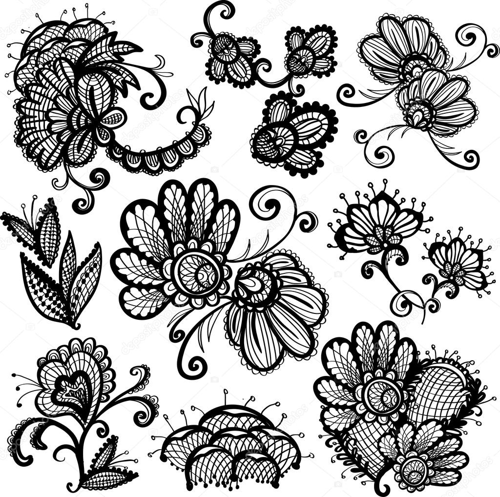 Hand Drawn graphic lace flowers Stock Vector by ©Sopelkin 110021350