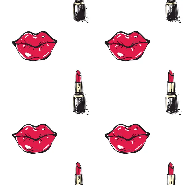 Red lips and  lipsticks  pattern — Stock Vector