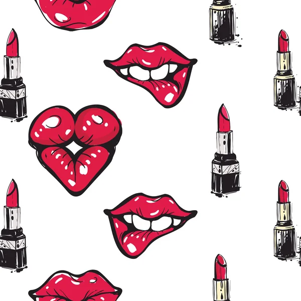 Red lips and  lipsticks  pattern — Stock Vector