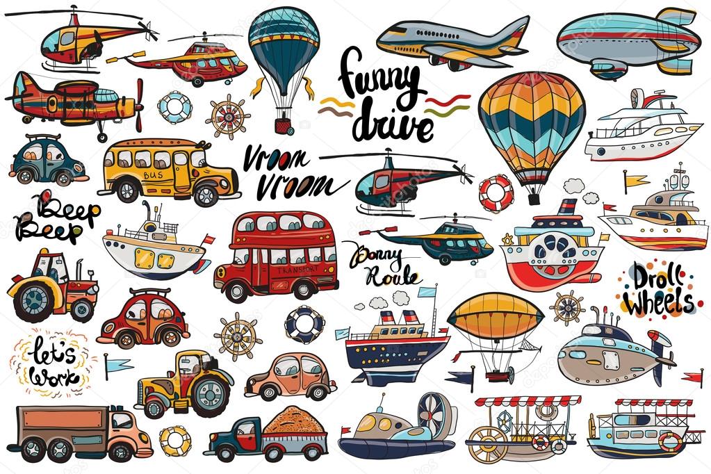 Funny cute hand drawn kids toy transport. Child bright cartoon tractor, London bus, truck, bus, automobile, auto, droll wheels, funny drive, vroom vroom vector seamless pattern on white background. Baby boy birthday set of isolated elements