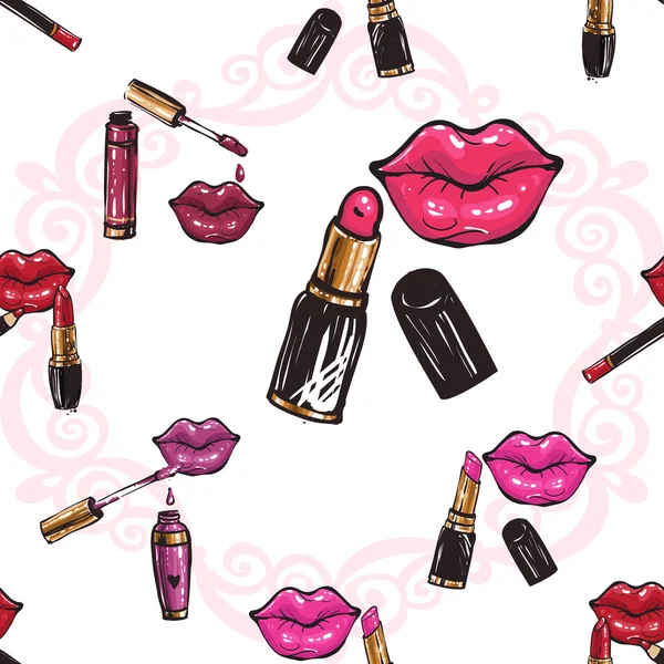 Labios coloridos de moda y patrón de lápiz labial — Vector de stock