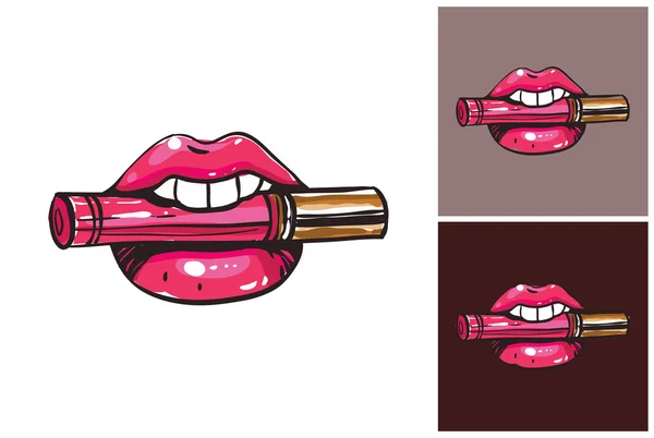 Etiqueta con lápiz labial glamuroso en la boca — Archivo Imágenes Vectoriales