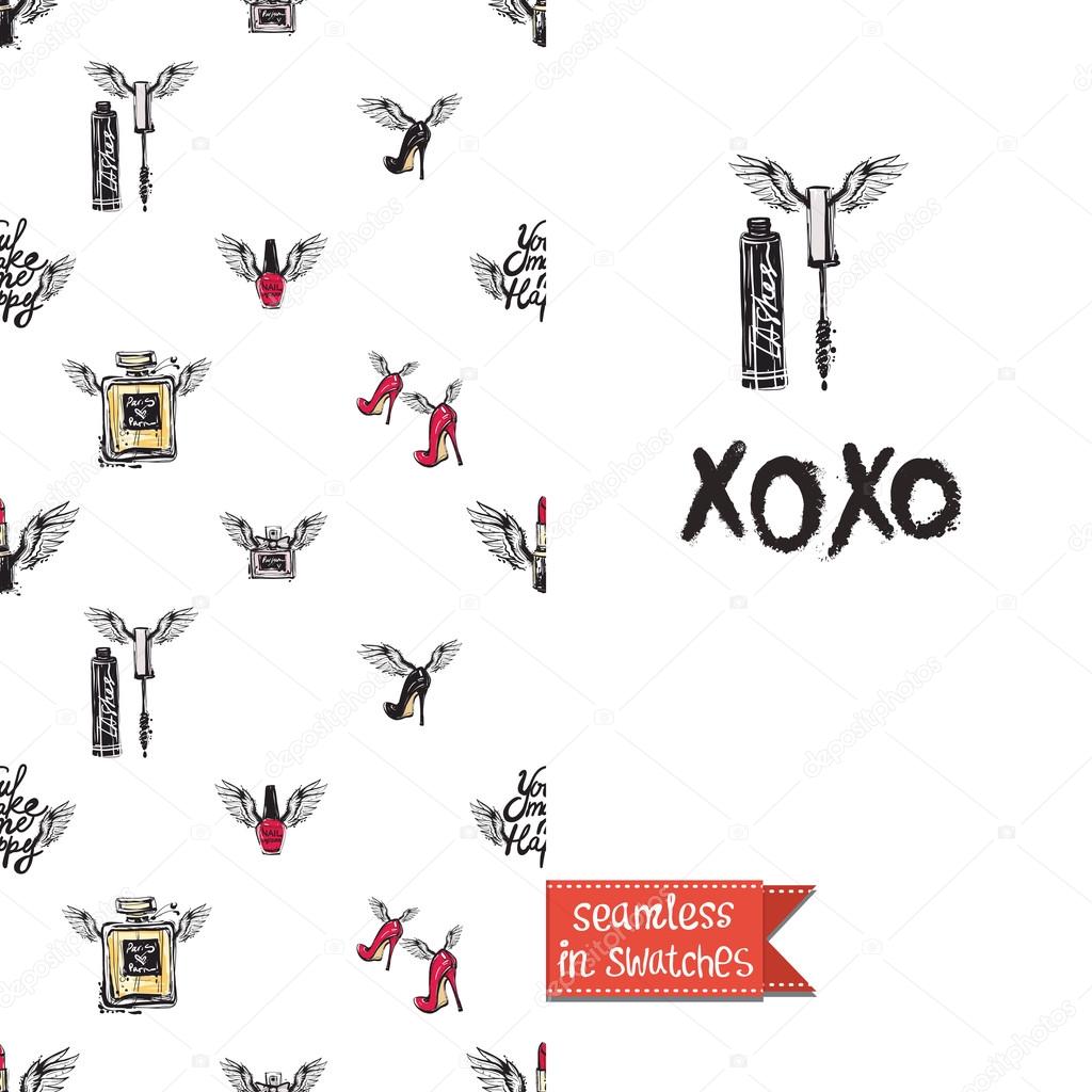 Double sided modern fashion greeting card with hand drawn illustration. Glamour glossy makeup accessories You make me happy and phrase seamless pattern background, icon or logo and lettering: xoxo