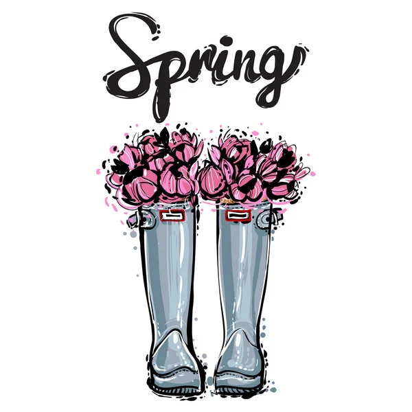 Rubber boots with pink flowers — Stock Vector