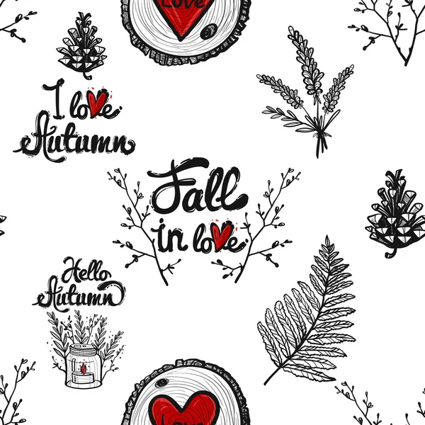 Pattern with Fall in love lettering — Stock Vector