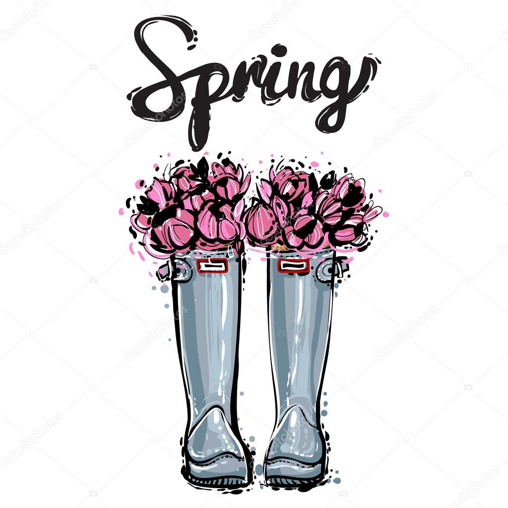 rubber boots with pink flowers