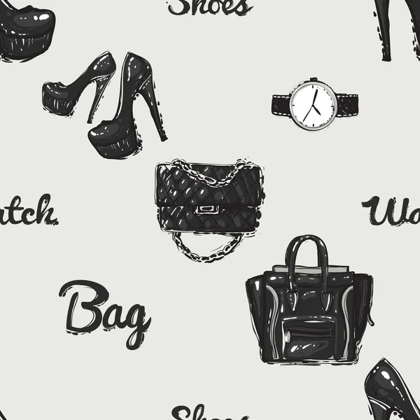 Zapatos de ilustración, bolso, letras de reloj — Vector de stock