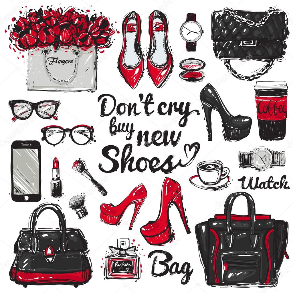 Hand drawn graphic bags different design, glasses, watch, coffee cup, smartphone, perfume, lipstick, lettering. Big vector fashion illustration accessories sketch set. Isolated vogue fashion elements