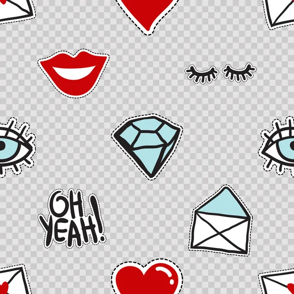 Seamless pattern with lowered lashes, oh yeah phrase, blue eye, open mail envelope, love mail, red heart, smile lips, diamond. — Stock Vector