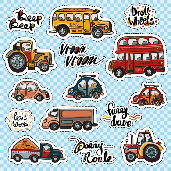 Set of beautiful kids transport patches — Stock Vector