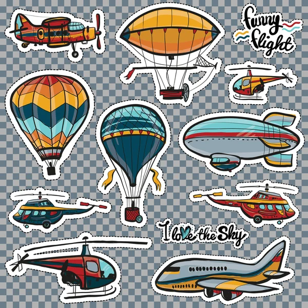 Set of kids style sky transport patches. — Stock Vector