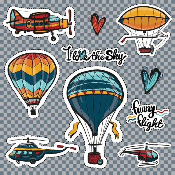 Set of kids style sky transport patches. — Stock Vector